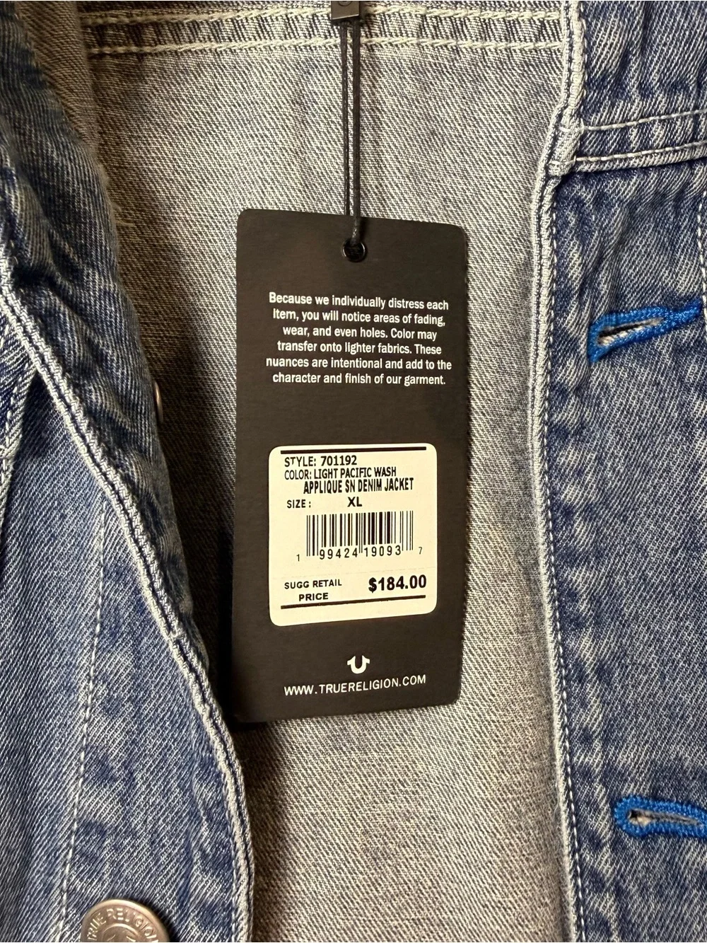 True‎ Religion Light Blue Denim Jacket with Red Logo Patch